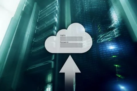 Cloud storage, data access, login and password request window on server room  Stock Illustration