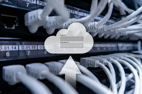 Cloud storage, data access, login and password request window on server room  Stock Illustration