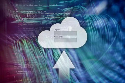 Cloud storage, data access, login and password request window on server room  Stock Illustration
