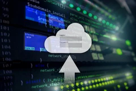 Cloud storage, data access, login and password request window on server room  Stock Illustration