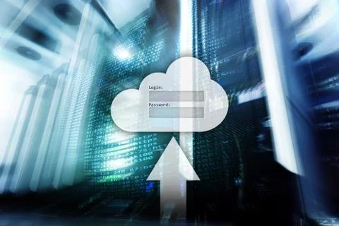 Cloud storage, data access, login and password request window on server room  Stock Illustration