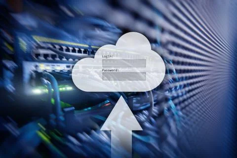 Cloud storage, data access, login and password request window on server room  Stock Illustration
