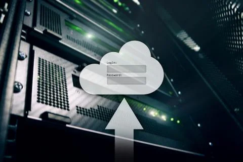 Cloud storage, data access, login and password request window on server room  Stock Illustration