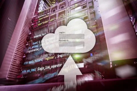 Cloud storage, data access, login and password request window on server room  Stock Illustration