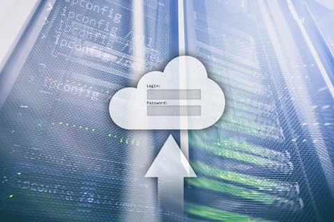 Cloud storage, data access, login and password request window on server room  Stock Illustration
