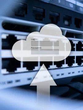 Cloud storage, data access, login and password request window on server room  Stock Illustration