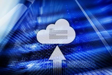 Cloud storage, data access, login and password request window on server room Stock Illustration