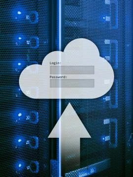 Cloud storage, data access, login and password request window on server room  Stock Photos
