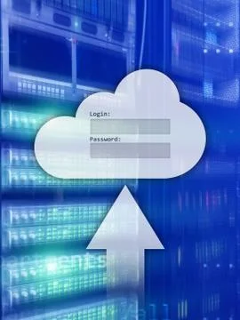 Cloud storage, data access, login and password request window on server room  스톡 사진
