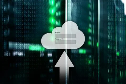 Cloud storage, data access, login and password request window on server room  Stock Photos