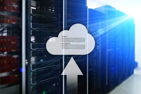 Cloud storage, data access, login and password request window on server room  Stock Photos