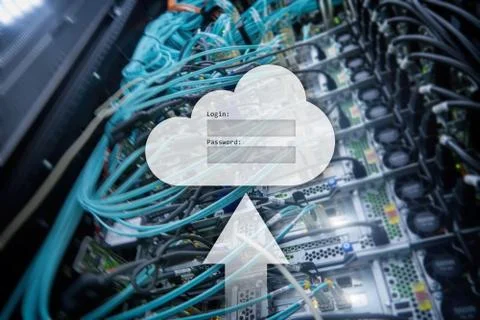 Cloud storage, data access, login and password request window on server room  Stock Photos