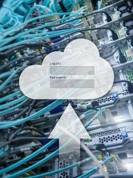 Cloud storage, data access, login and password request window on server room  Stock Photos