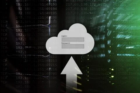 Cloud storage, data access, login and password request window on server room  Stock Photos