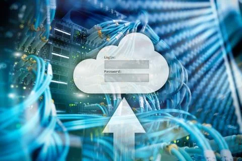 Cloud storage, data access, login and password request window on server room  Stock Photos