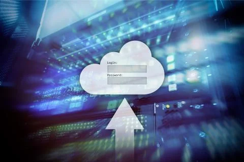 Cloud storage, data access, login and password request window on server room Foto stock