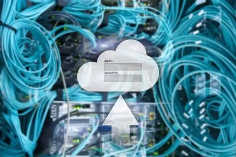 Cloud storage, data access, login and password request window on server room  Stock Photos