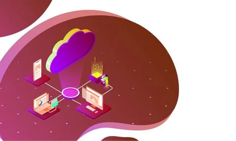 Cloud Storage Data Analysis banner design with Isometric digital devices co.. Stock Illustration