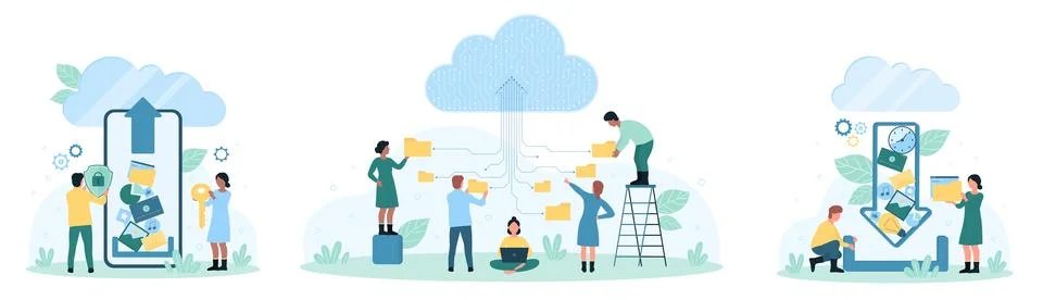 Cloud storage for data files set, tiny people upload digital document, backup Illustrazione stock