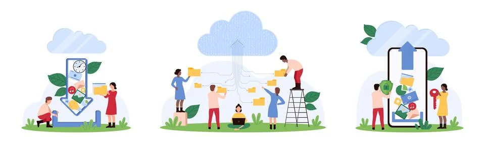 Cloud storage, data network set, tiny people upload folder and multimedia files Stockillustratie