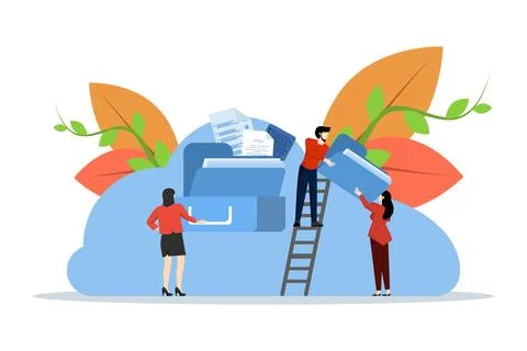 Cloud storage, data processing, messaging, online data storage. Stock Illustration