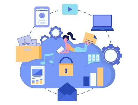 Cloud storage. Data security concept. Cloud computing. Computer device. Vecto Stock Illustration