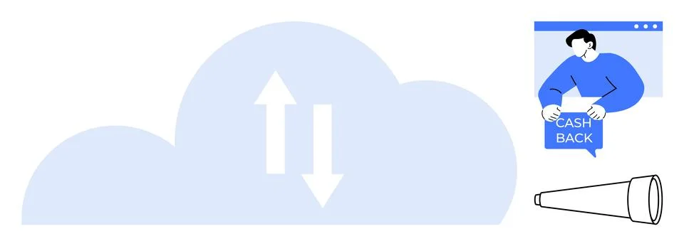 Cloud Storage Data Transfer Concept with Cashback and Telescope Elements Stock Illustration