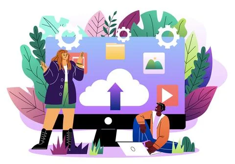 Cloud storage data upload concept scene. Vector illustration Stock Illustration