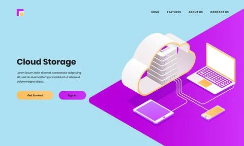 Cloud Storage data website poster or landing page design with 3D cloud serv.. Stock Illustration