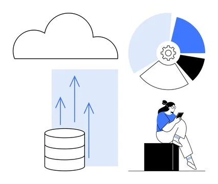 Cloud with a storage database, data arrows pointing up, analytics pie chart,  Stock Illustration