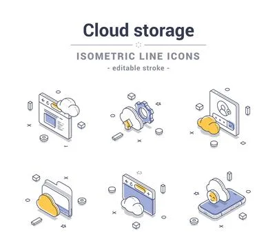 Cloud storage digital data information backup line icon set isometric conto.. Stock Illustration