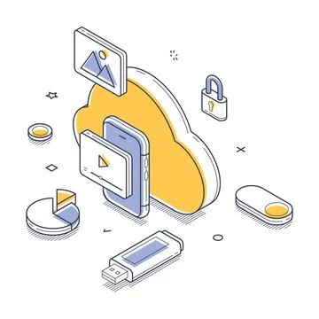 Cloud storage digital data information backup concept isometric line vector i Stock Illustration