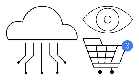 Cloud storage, digital shopping cart, and eye symbol representing data secu.. Illustrazione stock