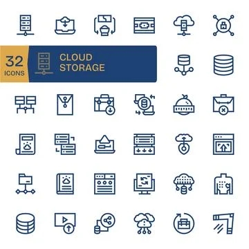 Cloud Storage Digital Vector Pack containing 32 Grid Fitted Bold Line 64x64.. Illustrazione stock