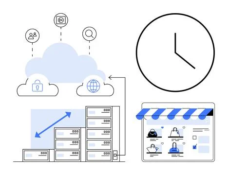 Cloud storage, e-commerce, data scaling, cybersecurity, online business, tech Stock Illustration