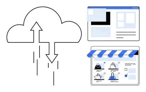 Cloud storage, e-commerce, web development, online shopping, data exchange, d Stock Illustration