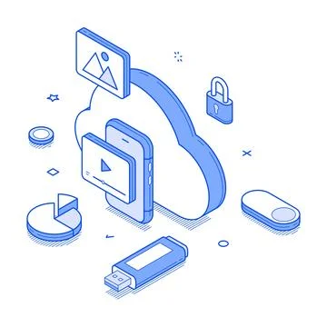 Cloud storage, featuring devices, data visuals, and encryption symbols, showc Stock Illustration