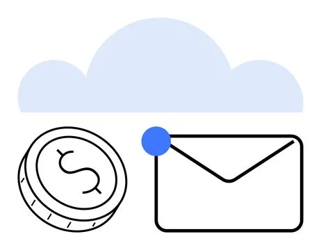 Cloud Storage for Financial Documents Illustrated by Envelope and Coin 库存插图