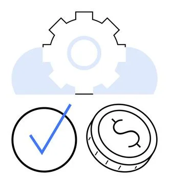 Cloud storage with gear, checkmark, and dollar coin emphasizing integration.. Stock Illustration