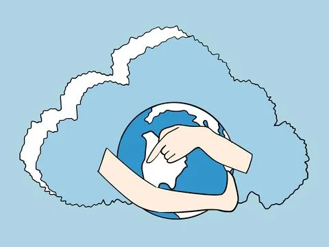 Cloud storage holds the planet Earth in its hands. Stock Illustration