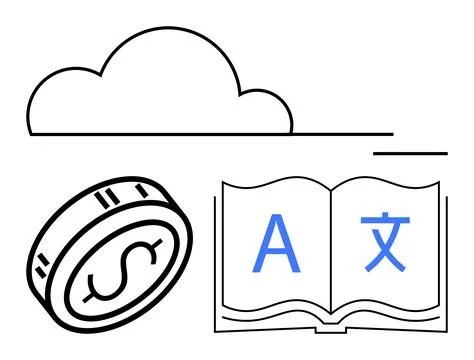 Cloud Storage Icon with Coin and Open Book Illustrating Finance and Language Stock Illustration