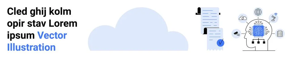 Cloud storage icon with documents, AI brain with data nodes, and sample text. Stock Illustration