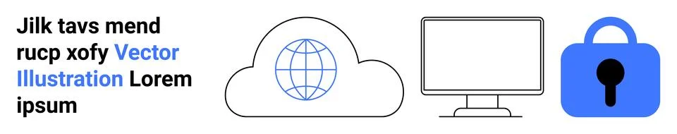 Cloud storage icon with a globe inside, desktop monitor illustration, and a b Stock Illustration