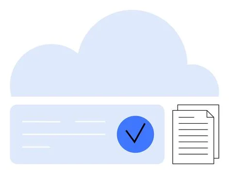 Cloud Storage Icon with Verification Checkmark and Document Papers 스톡 일러스트