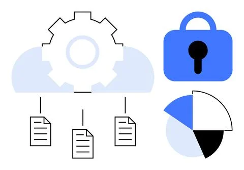 Cloud storage icons with gear, lock, data sheets, and pie chart in blue and b Stock Illustration