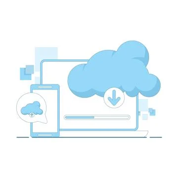 Cloud storage illustration featuring device sync, online backup service 스톡 일러스트
