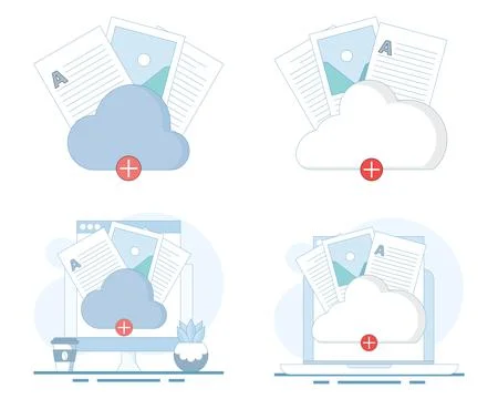 Cloud storage illustration set featuring documents and attachment icons イラスト素材