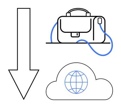 Cloud Storage Implementation Business Bag, Download Arrow, Cloud with Globe.. Stock Illustration
