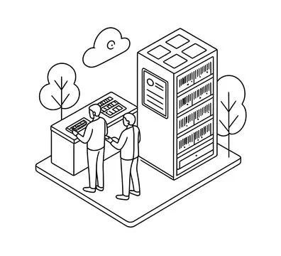 Cloud storage infrastructure and database management vector line illustration wi 스톡 일러스트