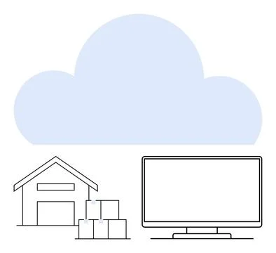 Cloud Storage for Inventory Management with Warehouse, Boxes, and Computer .. Illustrazione stock